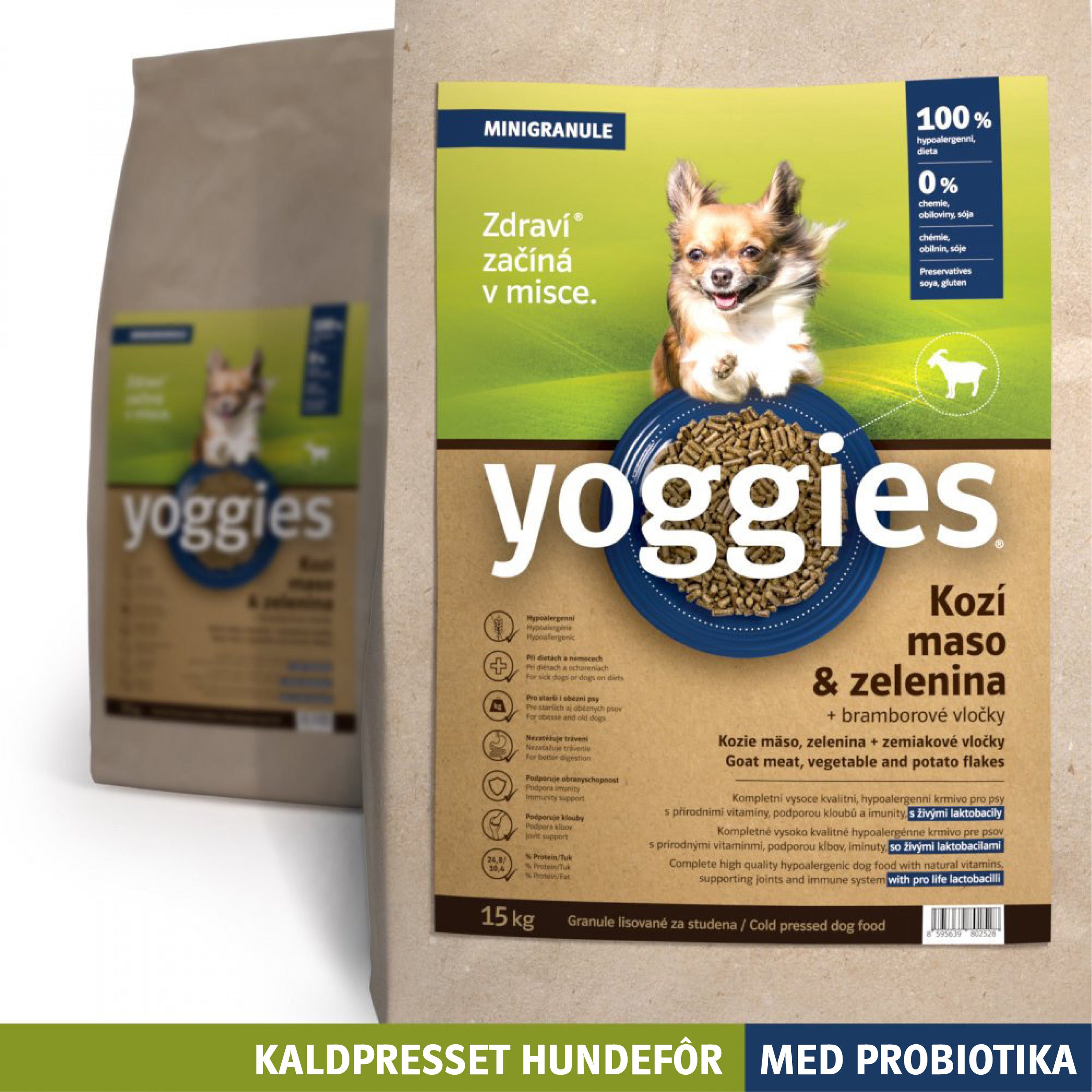 Yoggies hypoallergenisk kaldpresset hundefôr geit MINI, 15 kg sekk
