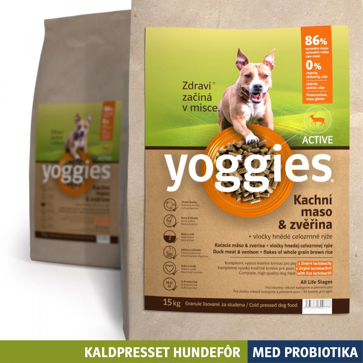 Yoggies kaldpresset hundefôr ACTIVE and og vilt, 15 kg sekk
