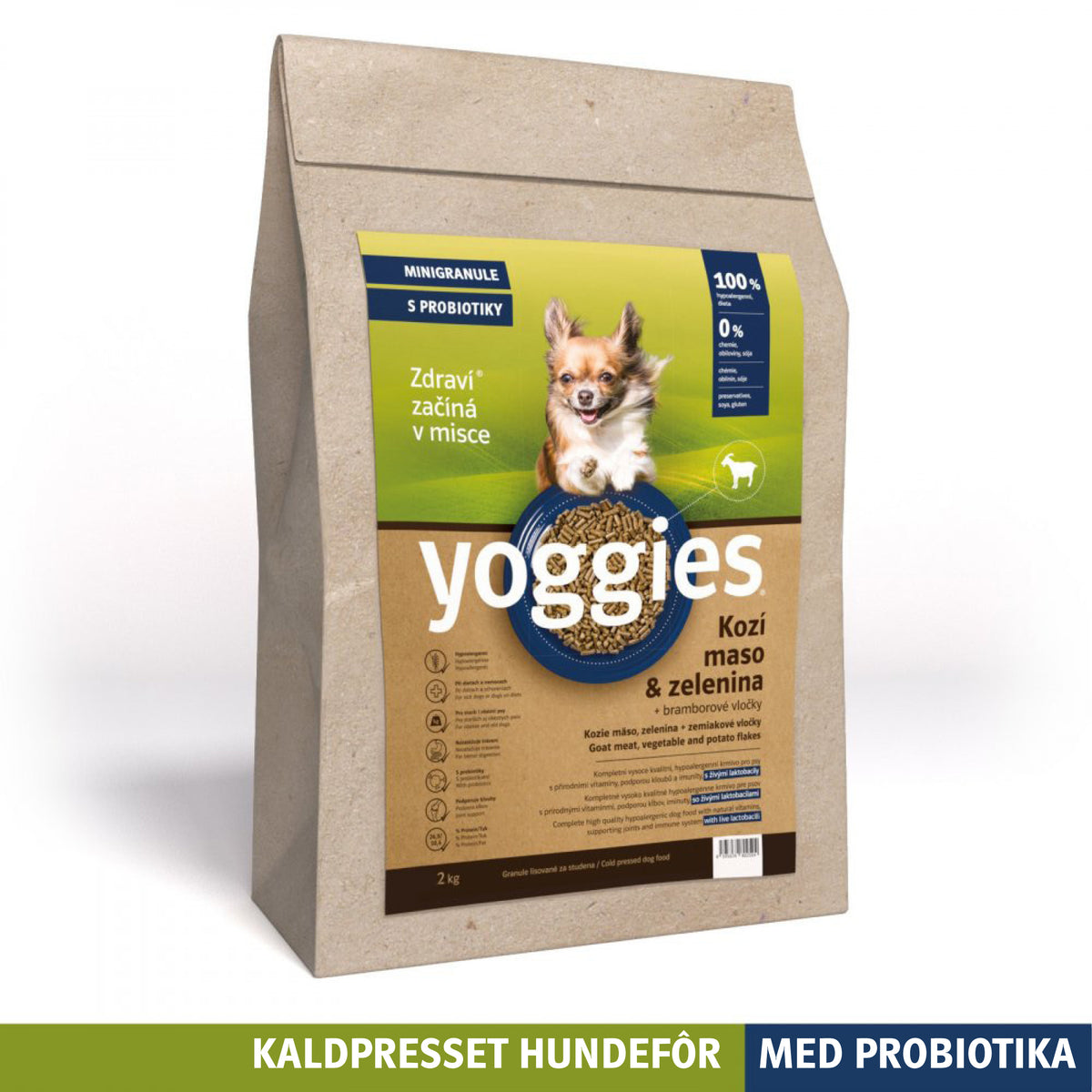 Yoggies hypoallergenisk kaldpresset hundefôr geit MINI, 2 kg sekk