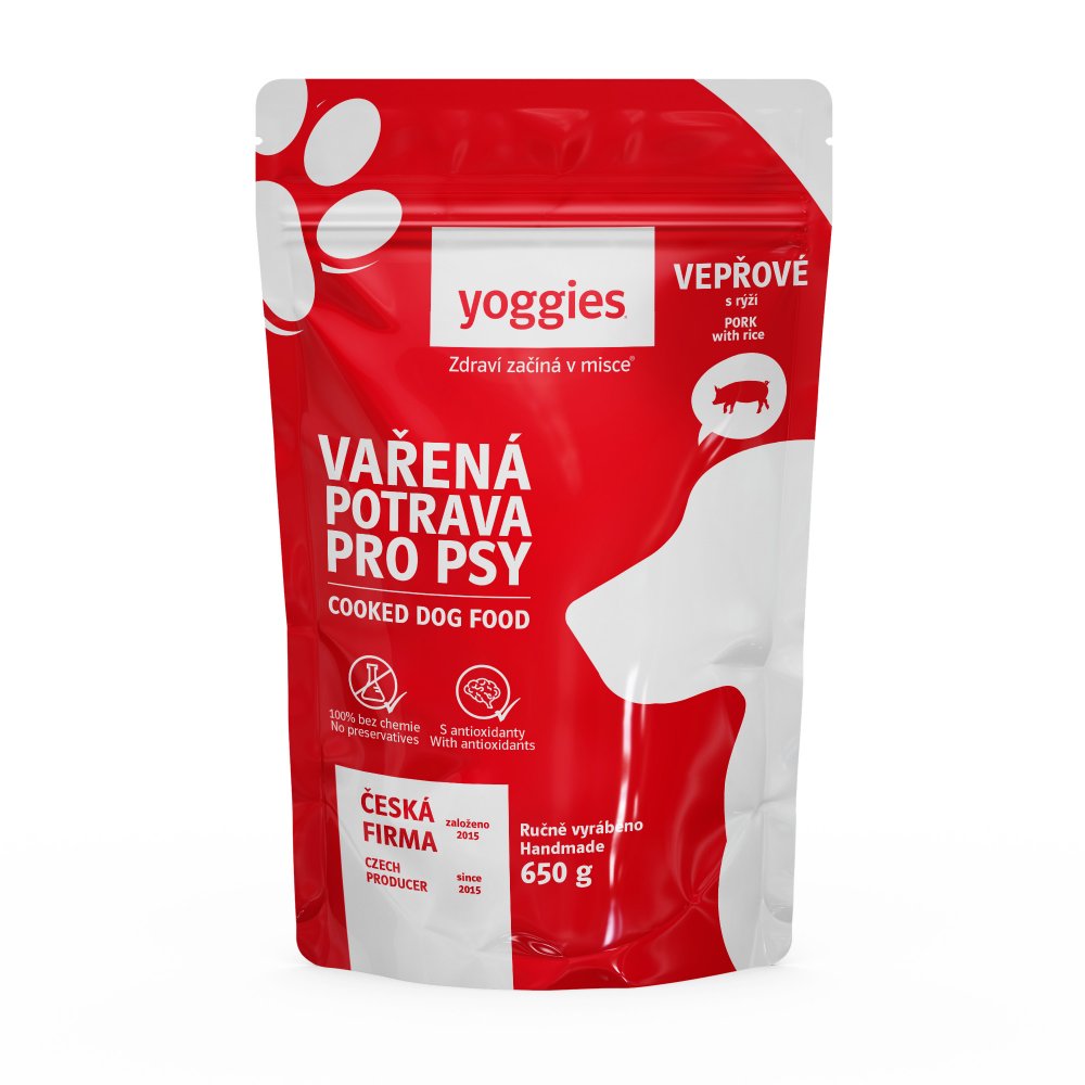 Yoggies kokt fullfôr til hund, svinekjøtt med ris, 650 g