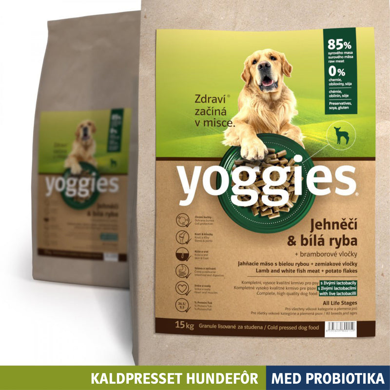15 kg LAM & HVIT FISK med probiotika - kaldpresset hundefôr YOGGIES - diettfôr