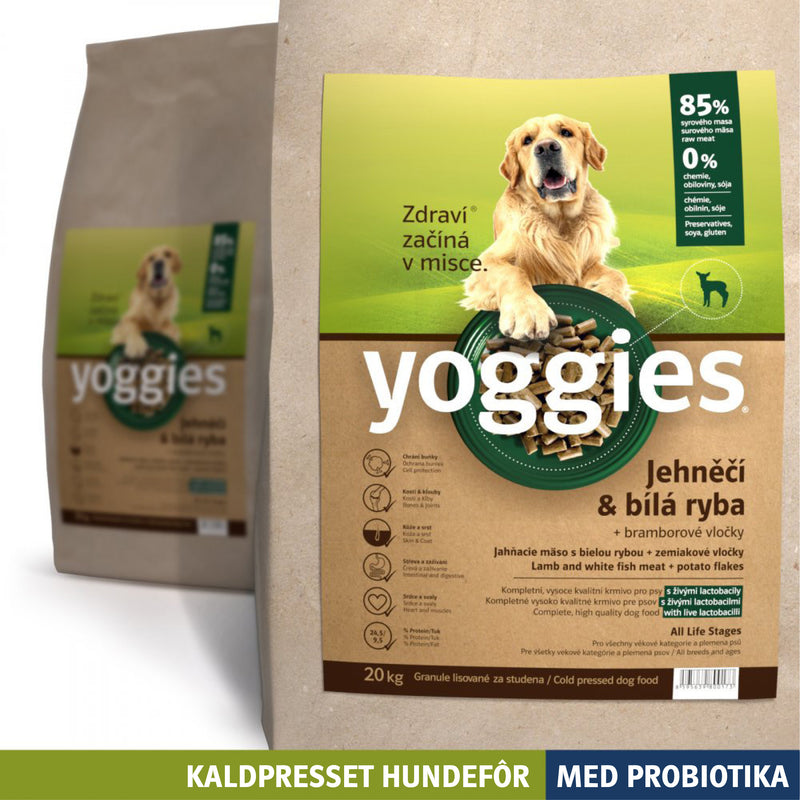 20 kg LAM & HVIT FISK med probiotika - kaldpresset hundefôr YOGGIES - diettfôr